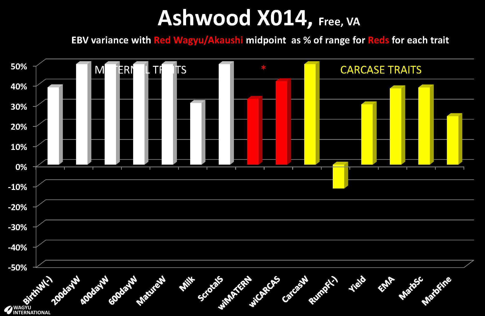 Breedplan EBVs for Red Wagyu/Akaushi sire Ashwood X14 presented by Wagyu International