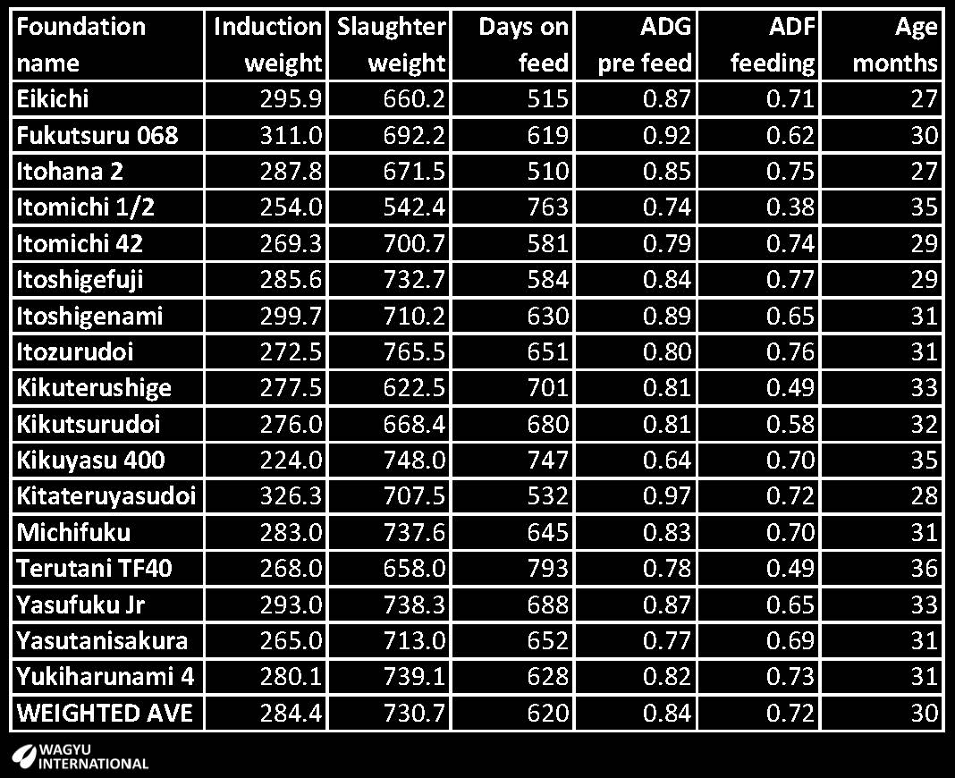 Table of weights of progeny from Foundation sires from Blackmore progeny test from varying DOF