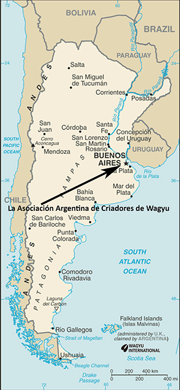Map of Argentina showing La Asociación Argentina de Criadores de Wagyu