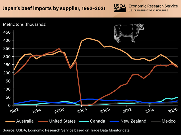 Beef imports to Japan 1992 to 2021